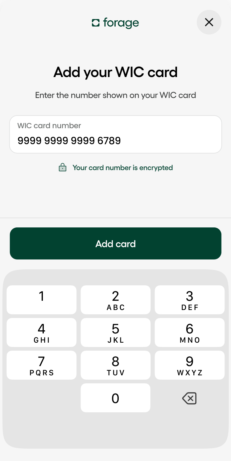 Forage-hosted Add your WIC card screen with a card number field and numeric keypad